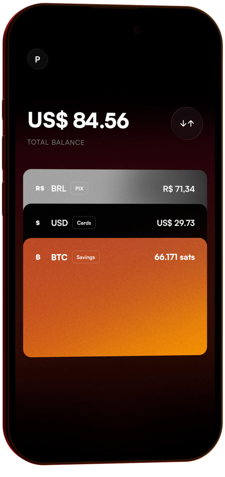 planB home screen showing BRL, USD, and Bitcoin balances