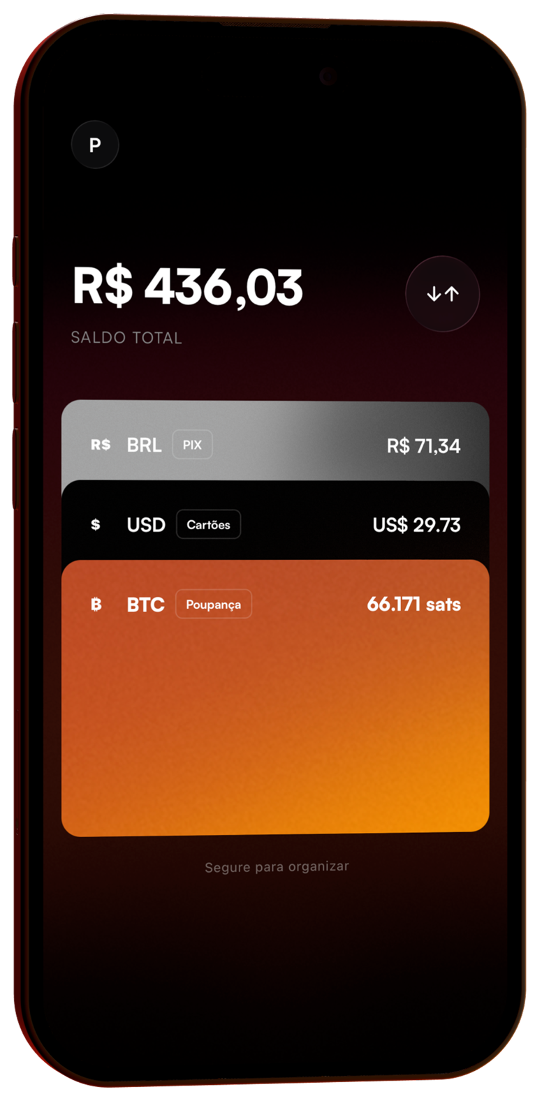 Tela inicial do planB mostrando saldos em Bitcoin, dólar e real